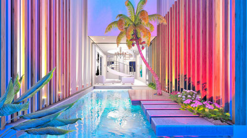 Modern lounge with Blue lighting Photoshopped